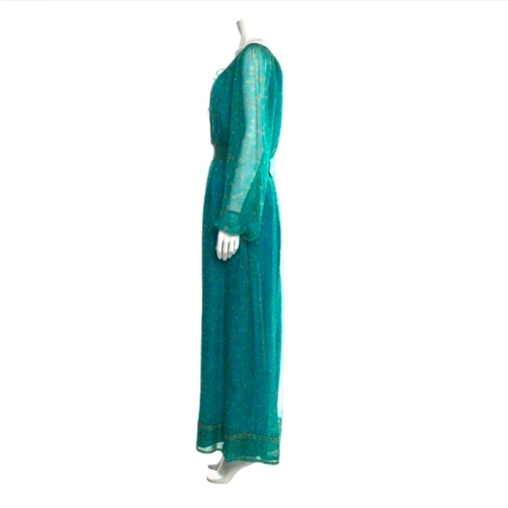 TREACY LOWE LONDON vintage 70s BLUE silk smocked peasant DRESS BOHO chic LARGE - Picture 2 of 9